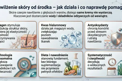 Jak nawilżyć skórę od środka? Kolagen, kwas hialuronowy, antyoksydanty, dieta i nawodnienie to klucz do pięknej cery.