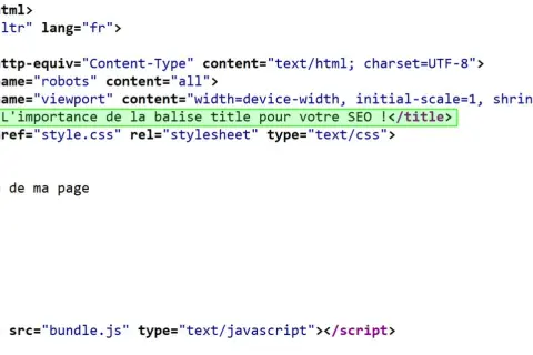Code html montrant la balise title pour le SEO.