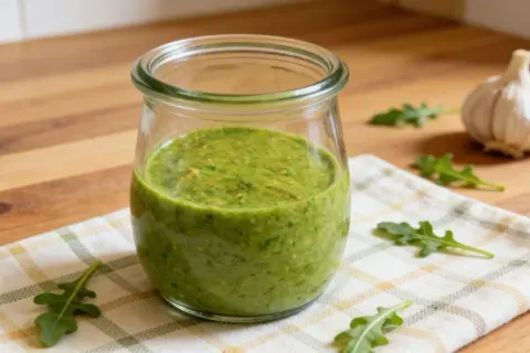 Słoiczek domowego pesto z rukoli, obok czosnek i listki rukoli na kratkowanej ściereczce.