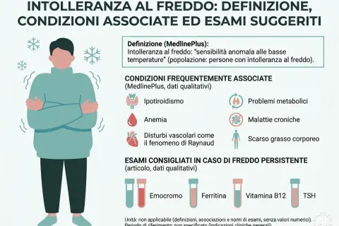 Illustrazione di persona che trema dal freddo, con elenco di cause e esami per chi ha sempre freddo rimedi.