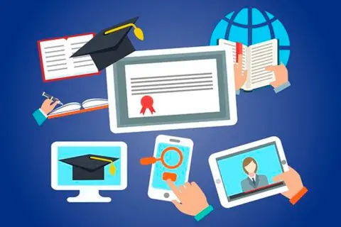 Ilustración de educación online: diploma, libros, globo terráqueo, móvil y tablet.