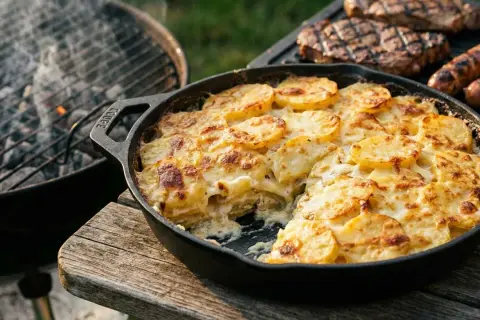 Herzhaftes Kartoffelgratin einfach mit Sahne, goldbraun gebacken, neben gegrilltem Fleisch und Würstchen.