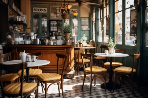 Przytulne bistro i restauracja z drewnianym blatem, żółtymi krzesłami i stolikami. W tle widać okna i zielone drzwi.