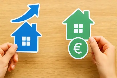 Zwei Hände halten Papierhäuser: eins mit Pfeil nach oben (Wertsteigerung), das andere mit Euro-Symbol (Mieteinnahmen). Eine Entscheidung: verkaufen oder vermieten?