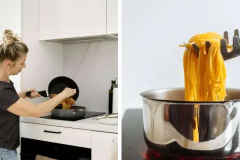Frau kocht ein einfaches Bolognese Rezept. Spaghetti werden aus einem Topf gehoben.