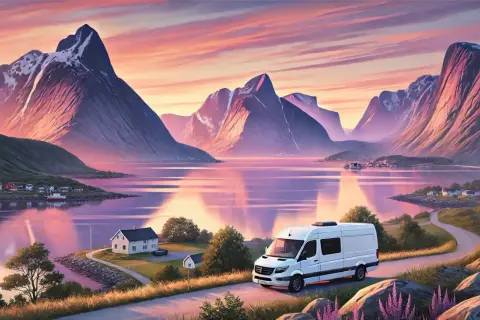 Un van blanc roule sur une route côtière menant au lac de la Cadie, entouré de montagnes majestueuses sous un ciel rose et orangé.