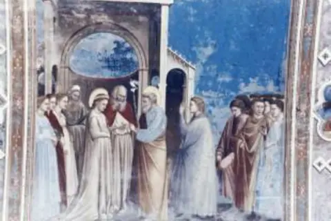 Fresque représentant une cérémonie de mariage, symbolisant l'indissolubilité du mariage. Des figures en robes traditionnelles se tiennent ensemble.