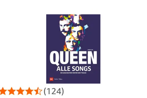 Buchcover mit farbenfrohen Porträts der **Gruppe Queen** und dem Titel "Queen: Alle Songs".