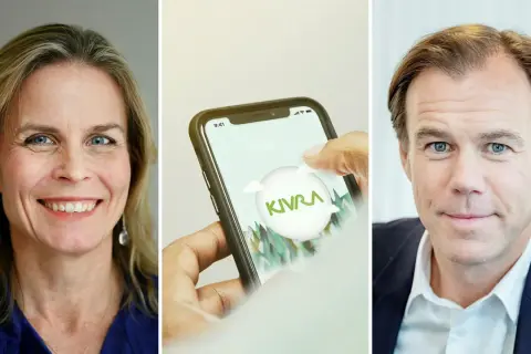 Kivra grundare, en kvinna och en man, med en mobil som visar Kivra-appen.