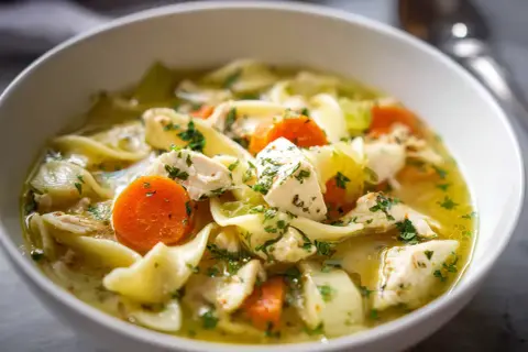 En skål med värmande kycklingsoppa med nudlar, morötter och selleri. Ett perfekt kycklingsoppa recept för kalla dagar.