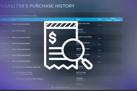 Ikona paragonu ze znakiem dolara i lupą na tle historii zakupów na Steam.