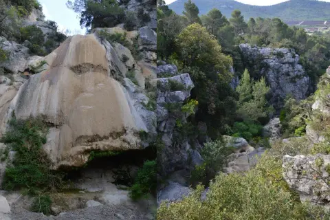 Cascade du Latay : formation rocheuse ocre et végétation luxuriante dans un paysage de garrigue.