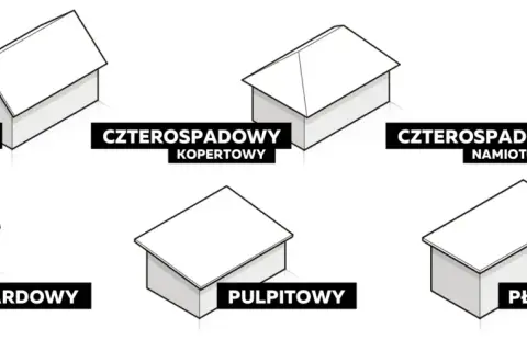 Ilustracje różnych typów dachów: dwuspadowy, czterospadowy kopertowy i namiotowy, mansardowy, pulpitowy, płaski. Pokazują jaki kąt dachu dwuspadowego.
