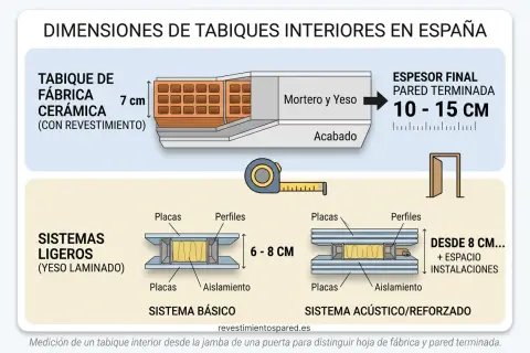 Ilustración compara tipos de tabiques interiores: fábrica cerámica (10-15 cm) y sistemas ligeros (básico 6-8 cm, acústico desde 8 cm).