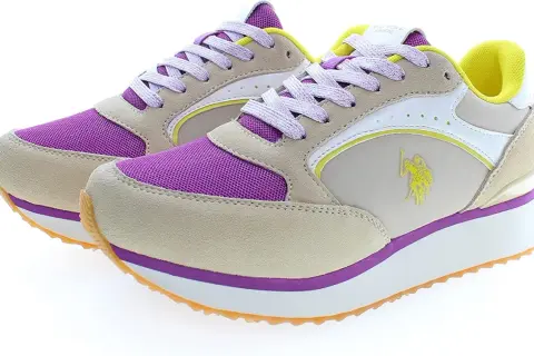 Scarpe US Polo Assn. con tomaia in camoscio beige, inserti in mesh viola e dettagli gialli. Suola platform con accenti viola e arancioni.