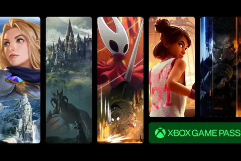 Kolaż z gier: postać z LoL, Hogwart, Hollow Knight, postać z gry sportowej, postać z gry akcji. Logo Xbox Game Pass.