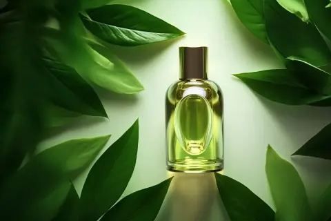 Perfumy o zapachu drzewa cedrowego otoczone soczystą zielenią.