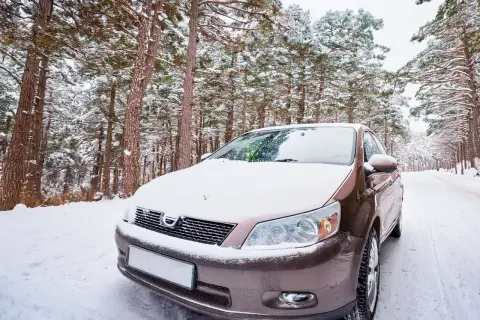 Voiture marron dans la neige, au milieu d'une forêt de pins enneigée. Le frein à main bloqué rend la situation délicate.