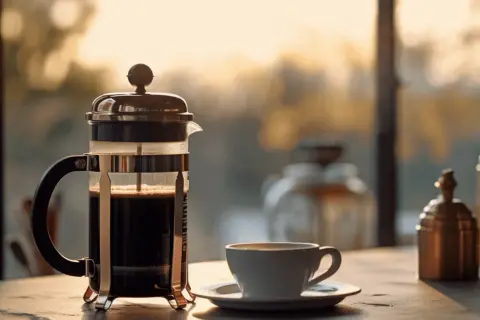 En brygga presskaffe står redo vid fönstret, med en kopp kaffe som väntar. Solen lyser genom glaset.