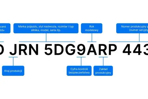Schemat VIN: 2DJRN5DG9ARP44305. Określa producenta, markę, rok, numer seryjny, kraj produkcji, cyfrę kontroli i zakład produkcyjny. Pozwala to ustalić kod lakieru po VIN.