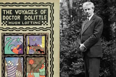 Okładka książki "The Voyages of Doctor Dolittle" Hugh Loftinga i czarno-białe zdjęcie autora.