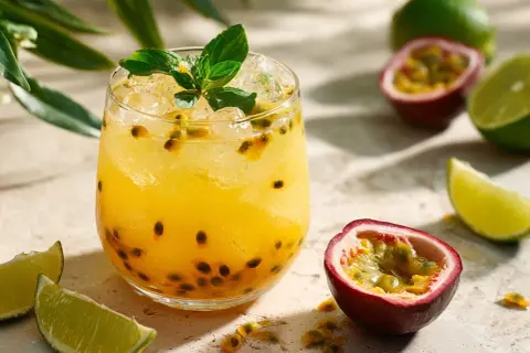 En uppfriskande Pornstar Martini med passionsfrukt och lime, garnerad med mynta.
