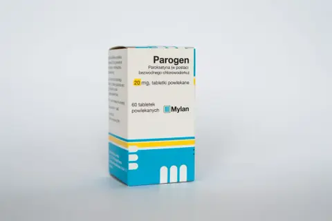 Opakowanie leku Parogen, zawierające 60 tabletek powlekanych paroksetyny 20 mg.