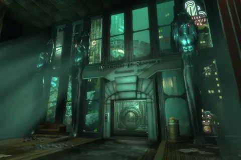 Wejście do Rapture z napisem "Welcome to Rapture. Opportunity awaits" i rzeźbami.