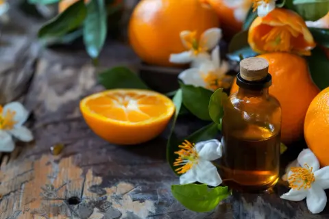 Eine Flasche Neroliöl neben Orangen und Blüten. Die positive neroli wirkung psyche wird durch den Duft der Blüten unterstrichen.