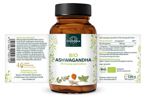 Bio Ashwagandha Kapseln von Unimedica. Unterstützt das Wohlbefinden und kann bei der Regulierung des Blutdrucks helfen. 180 Kapseln.