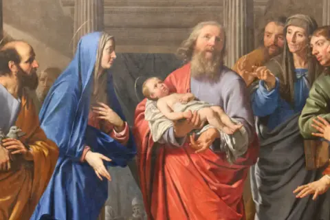 Obraz przedstawia scenę z życia Maryi i Jezusa, przypominającą tajemnice radosne różańca.