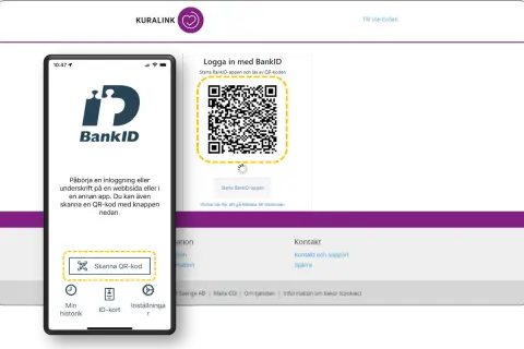 Mobiltelefon visar BankID-app för att skanna QR-kod på datorn för inloggning.