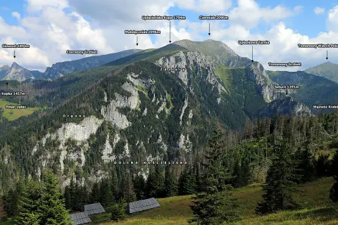 Widok na Tatry z Doliną Kościeliską. W oddali szczyty: Giewont, Ciemniak, Tomanowy Wierch Polski. Na pierwszym planie widać drewniane hale stoły.