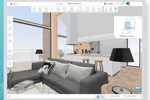Software per progettare e decorare la casa: un soggiorno moderno con divano grigio, cuscini, lampada e cucina a vista.
