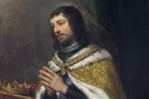 Retrato de Fernando el Santo, con las manos juntas en oración, corona y cetro a su lado.