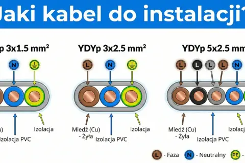 Jaki kabel od skrzynki do domu 16kW? Schemat pokazuje przekroje kabli YDYp 3x1.5, 3x2.5 i 5x2.5 mm², z żyłami miedzianymi i izolacją PVC.