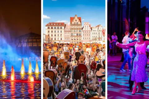 Wrocław majówka: kolorowa fontanna, tłum z gitarami na Rynku i tańczący ludzie w rytm muzyki.
