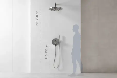 Wysokość montażu baterii prysznicowej: deszczownica 200-220 cm, panel sterujący 110-130 cm.