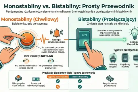Ilustracja porównuje działanie elementów monostabilnych (jak przycisk dzwonka) i bistabilnych (jak włącznik światła). Przycisk bistabilny zmienia stan na stałe po kliknięciu.