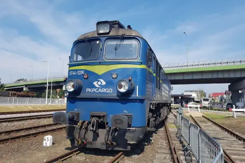 Niebieska lokomotywa PKPCargo ST44-1206 na torach w Kutnie, pod zielonym wiaduktem.