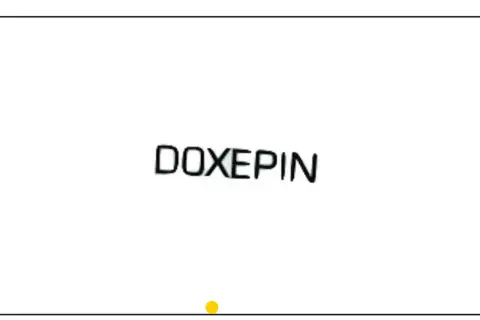 Napis "DOXEPIN" na białym tle. Pod nim mała żółta kropka.
