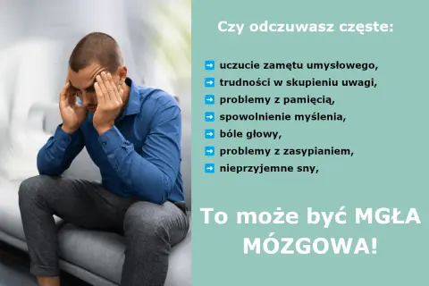 Mężczyzna z problemami z myśleniem, bólem głowy i mgłą mózgową.