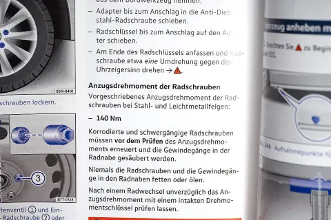 Anleitung zum **Reifen wechseln**: Radschrauben lösen, Anzugsdrehmoment prüfen. Wichtige Hinweise zur Montage.
