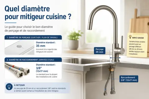 Guide pour le diamètre de perçage et de raccordement d'un mitigeur de cuisine. Le perçage standard est de 35 mm, le raccordement de 3/8".