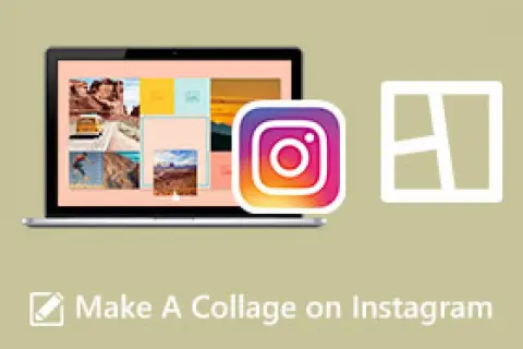 Jak zrobic kolaż na IG? Laptop z wieloma zdjęciami, logo Instagrama i ikonka kolażu.