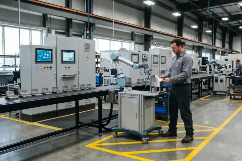 Pracownik nadzoruje pracę robota przemysłowego na linii produkcyjnej w nowoczesnej fabryce.