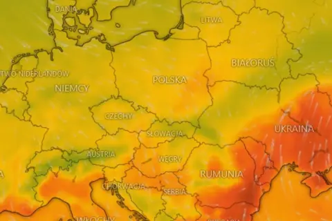 Mapa Europy z zaznaczonymi krajami. Ciepła pogoda we wrześniu, z temperaturami od zielonych do pomarańczowych.