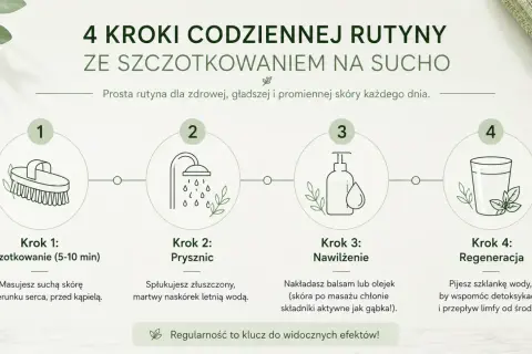 4 kroki do gładkiej skóry: szczotkowanie na sucho przed kąpielą, prysznic, nawilżenie i regeneracja.