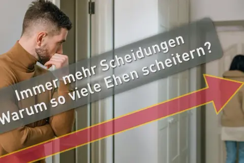 Ein Mann denkt nach, während eine Frau geht. Der Text fragt: "Immer mehr Scheidungen. Warum so viele Ehen scheitern?