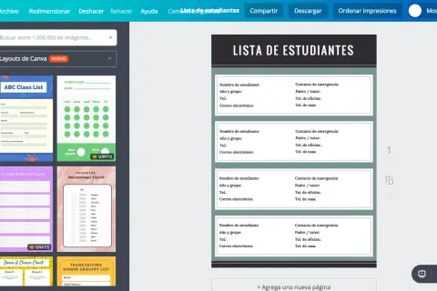 Plantilla de ficha del alumno con campos para nombre, contacto de emergencia y detalles del estudiante.